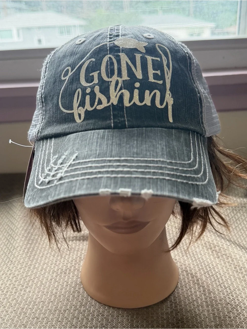 Brand New Handmade Women’s Distressed “Gone fishin” Trucker Cap Hat
